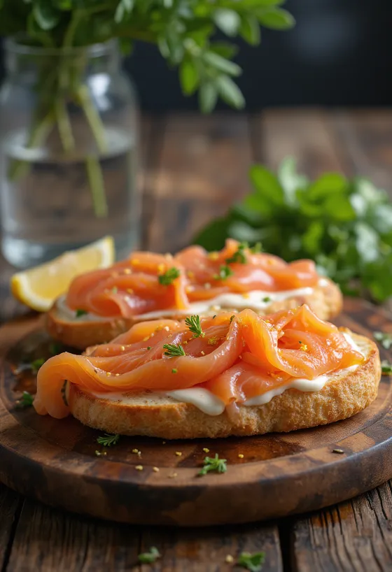 Focaccia mit Räucherlachs und Dill auf einem Teller