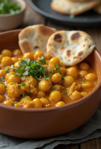 Würziges Kichererbsen-Curry serviert mit Reis und Koriander