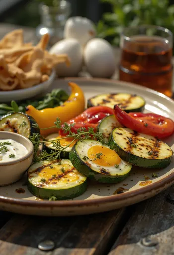 Bunte Auswahl an gegrilltem Gemüse mit frischen Gewürzen bestreut.