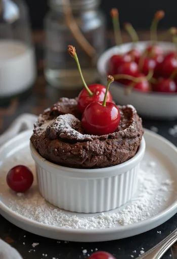 Schoko-Soufflé mit kandierten Kirschen auf einem Teller