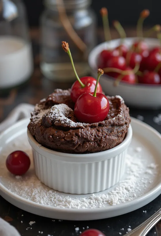 Schoko-Soufflé mit kandierten Kirschen auf einem Teller