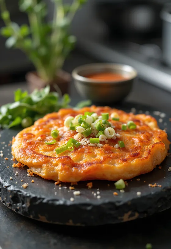 Kimchi Jeon, goldbraun und knusprig gebackener koreanischer Kimchi-Pfannkuchen