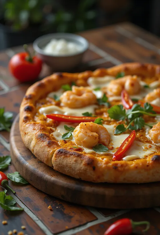 Laksa Pizza mit malaysischen Gewürzen und Garnelen