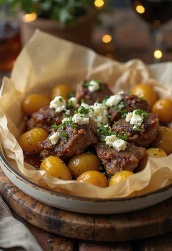 Lamm Kleftiko, griechisches langsam gebratenes Lammfleisch mit Gemüse