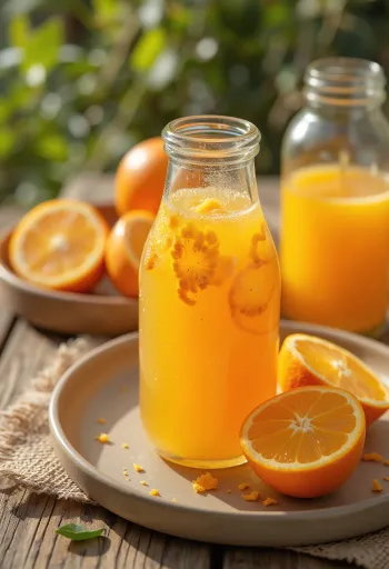Orangen-Kombucha in Gläsern, mit frischen Orangenstücken