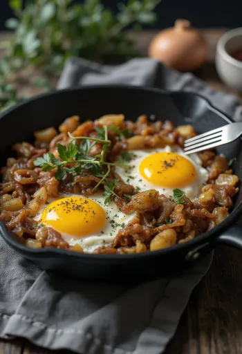 Pyttipanna mit Röstzwiebeln und Spiegelei auf dunklem Teller