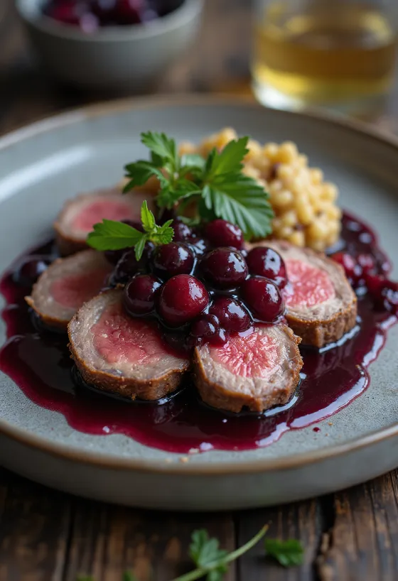 Straußensteak mit Beeren-Sauce serviert auf einem Teller mit Beilage.