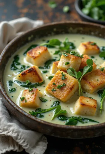 Gebratener Tofu in Spinatsauce serviert