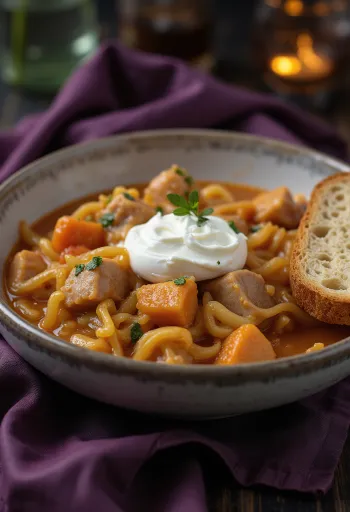 Szegediner Gulasch reichhaltig mit Schmand serviert, dazu frisches Brot und scharfe Paprika