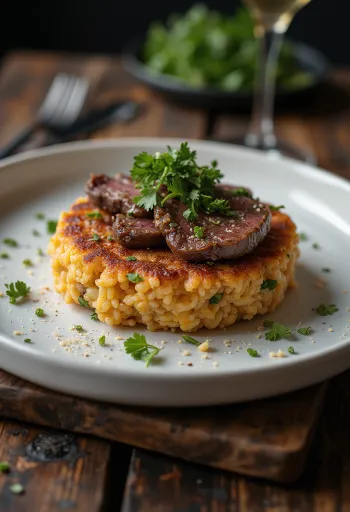 Tacu-Tacu mit Steak, Steak-Scheiben serviert mit Reis-Bohnen-Mischung, garniert mit frischem Koriander