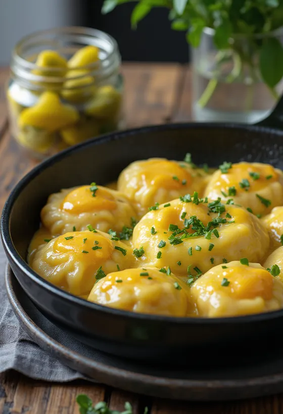 Eiernockerln mit frischer Petersilie bestreut, serviert mit hausgemachtem Essiggemüse.