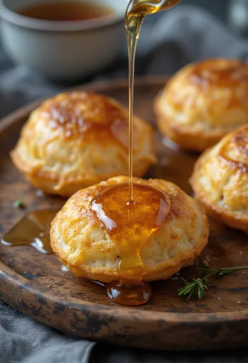 Æbleskiver mit Honig, frische und weiche Bällchen serviert