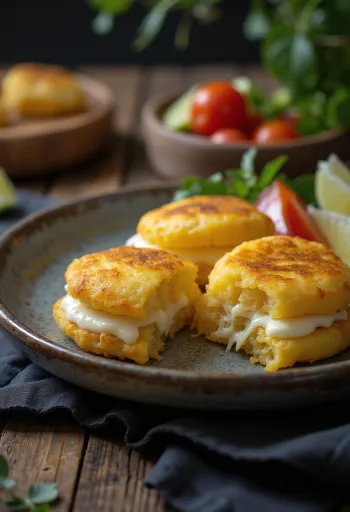 Goldbraune Arepa mit geschmolzener Käsefüllung