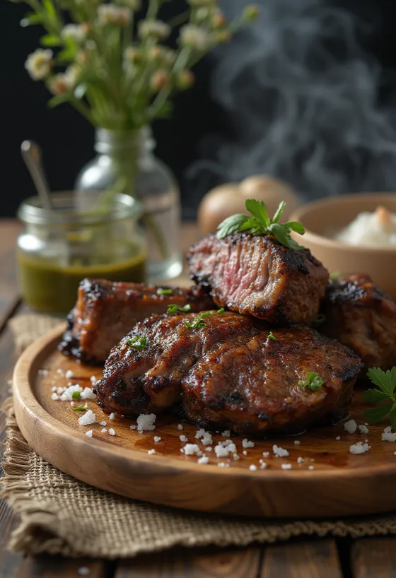 Asado serviert mit Grillgemüse und Chimichurri