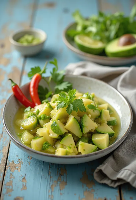 Ceviche Vegano, serviert mit Avocado und Limettensaft