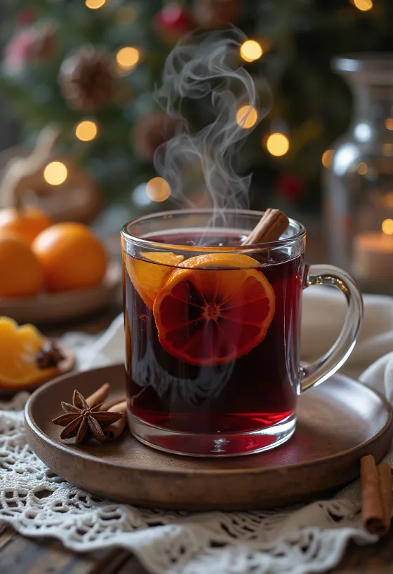 Ein Glas Glühwein mit Orangenscheiben und Zimt dekoriert.