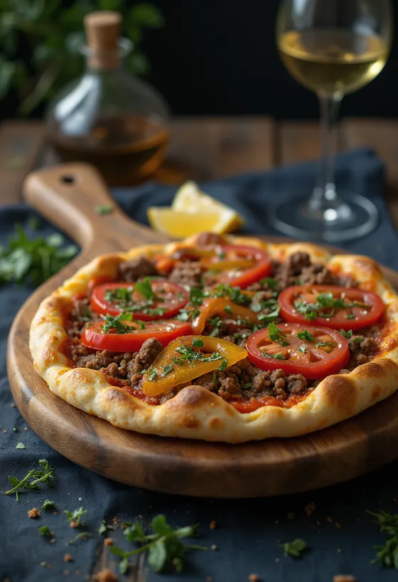 Türkische Lahmacun mit knusprigem dünnen Teig und Hackfleischbelag