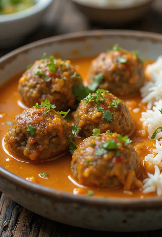 Lamm Kofta Curry mit frischem Koriander serviert