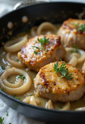 Schweinesteaks in Zwiebel-Rahm-Sauce serviert