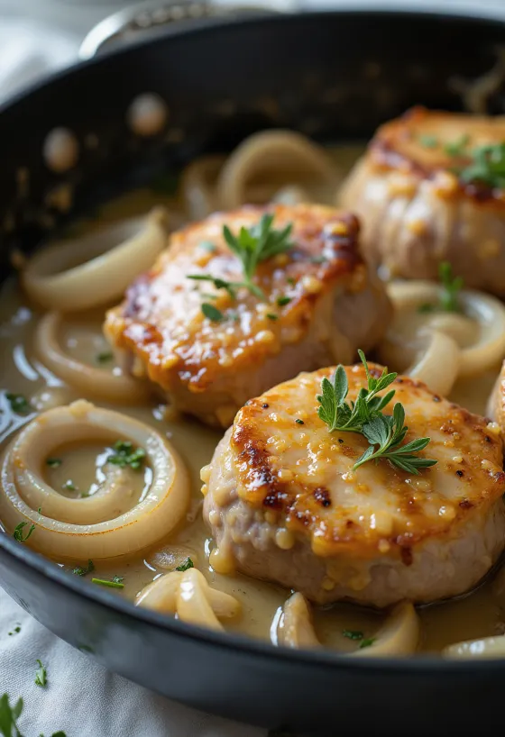 Schweinesteaks in Zwiebel-Rahm-Sauce serviert