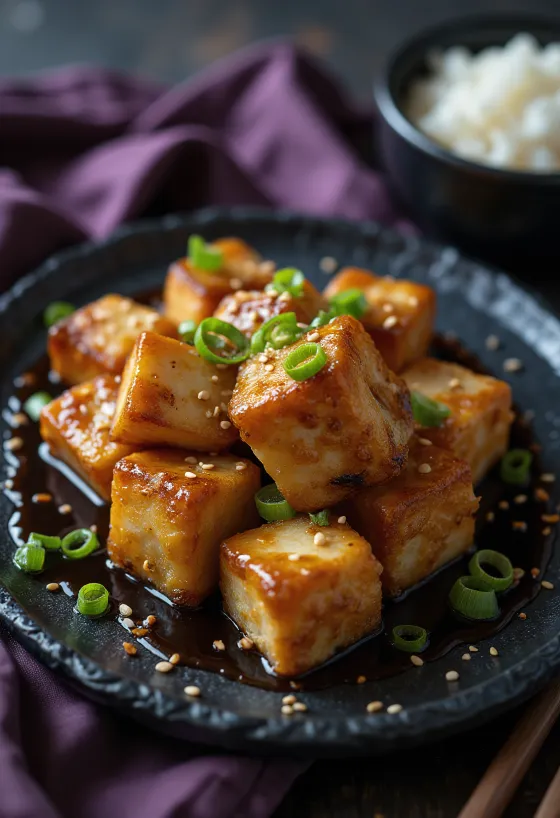 Gebratener Tofu in Soja-Marinade serviert