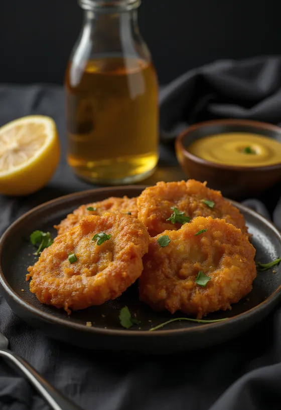 Acarajé mit Honig-Senf-Sauce, garniert mit frischem Koriander