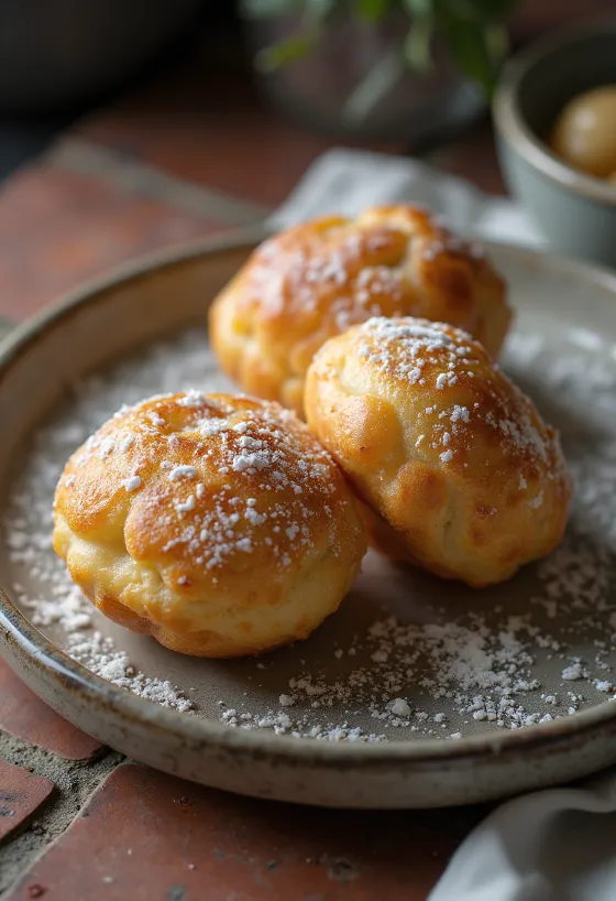 Æbleskiver mit Kardamom, mit Puderzucker bestreut