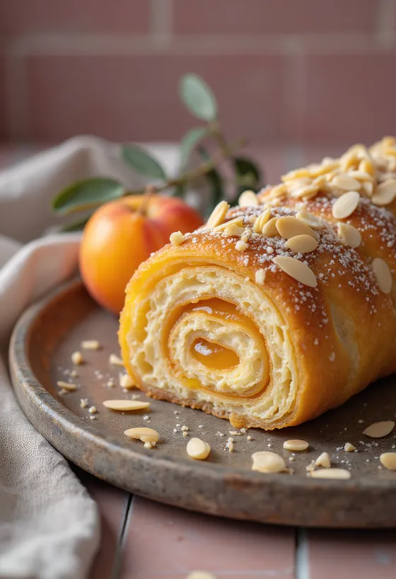 Bolo de Rolo mit Mandeln, aufgeschnittene Rollen mit Mandelfüllung und Aprikosenkonfitüre