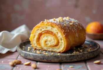 Bolo de Rolo mit Mandeln, aufgeschnittene Rollen mit Mandelfüllung und Aprikosenkonfitüre