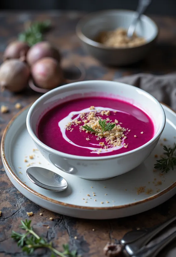 Rote-Bete-Cremesuppe mit seidiger Textur, verziert mit Sahne und gerösteten Kernen