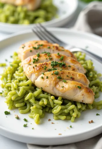 Servierte Hähnchenbrust mit Pesto-Reis