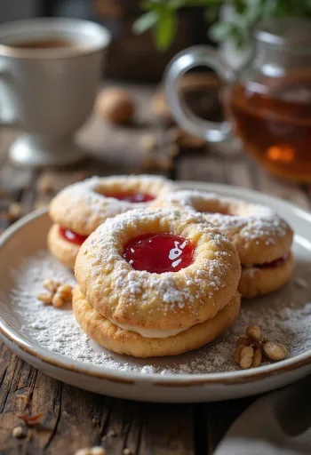 Walnuss-Linzer mit Puderzucker und Konfitürenfüllung