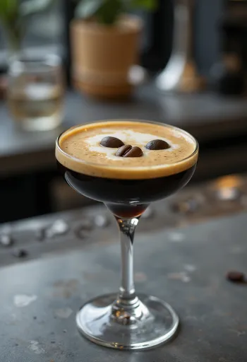 Espresso Martini Cocktail mit drei Kaffeebohnen