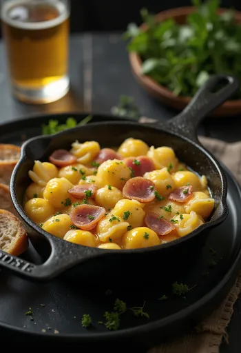 Eierspätzle mit Schinkenwürfeln serviert
