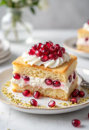 Granatapfel-Sahne-Torte mit frischen Granatapfelkernen dekoriert