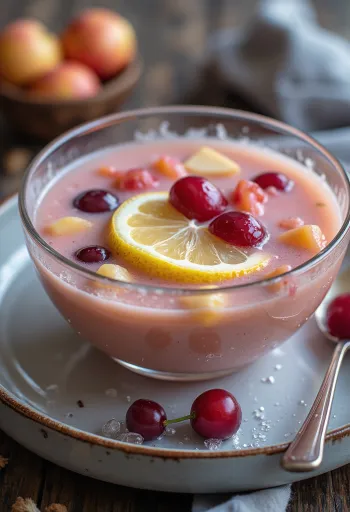 Kühlende Obstsuppe mit cremiger Konsistenz und frischen Fruchtstücken
