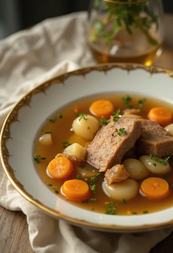 Reichhaltige Fleischsuppe mit Rindfleisch und Gemüse