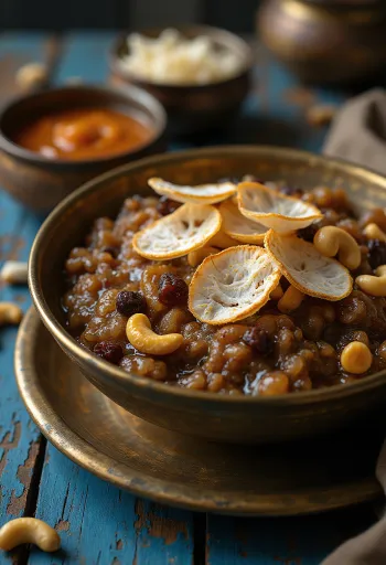 Kovil Sakkarai Pongal, serviert mit frischen Kräutern