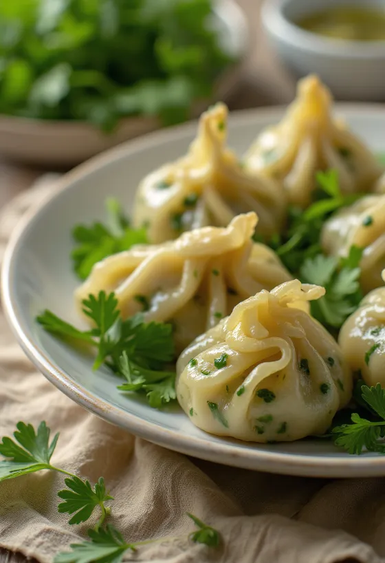 Gedämpfte Momos mit Koriander, servierfertig