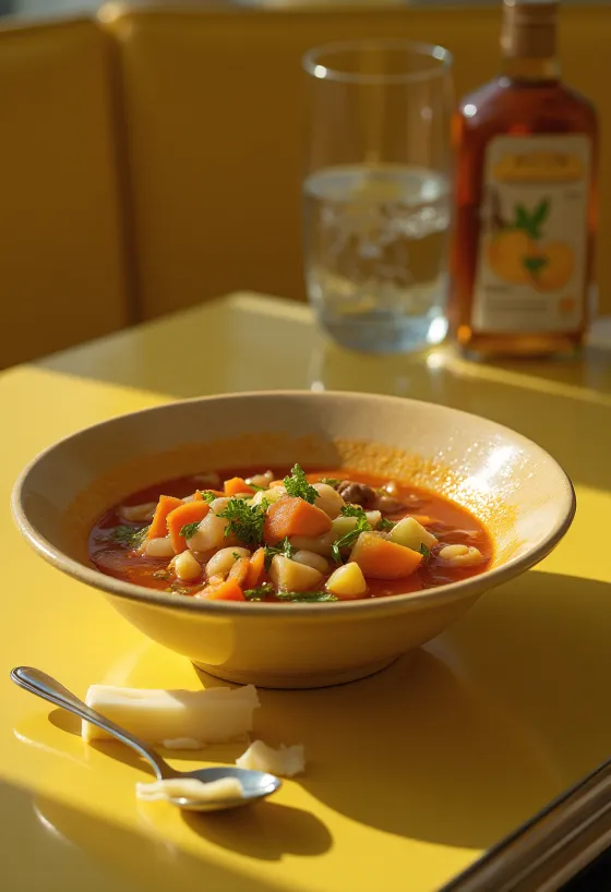 Frische italienische Gemüsesuppe serviert, dekoriert mit Gemüse und Kräutern.