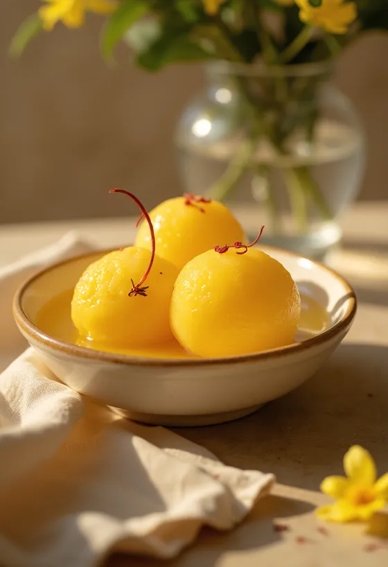 Rasgulla nach Kamalabhog-Art, serviert mit Rosenwassersirup