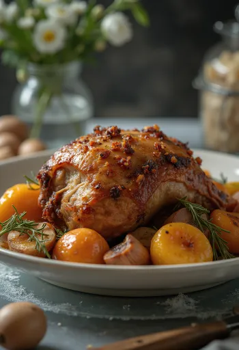 Kräuter-Braten vom Stachelschwein serviert mit Röstgemüse.