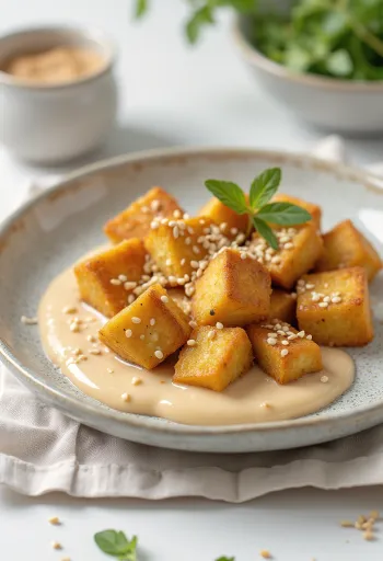 Gebratener Tofu mit Tahini-Sauce serviert