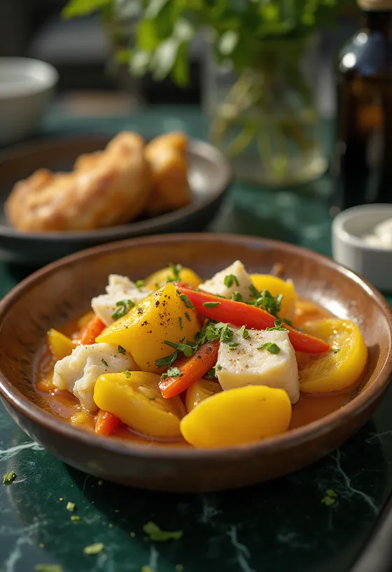 Ackee und Salzfisch serviert mit Gemüse und Gewürzen