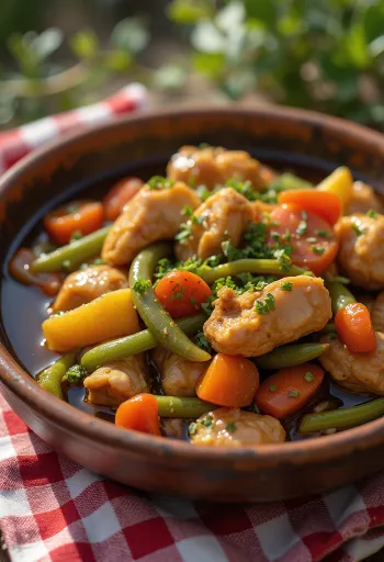 Adobo mit Gemüseragout, garniert mit frischem Koriander