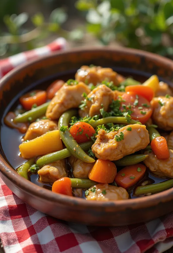 Adobo mit Gemüseragout, garniert mit frischem Koriander