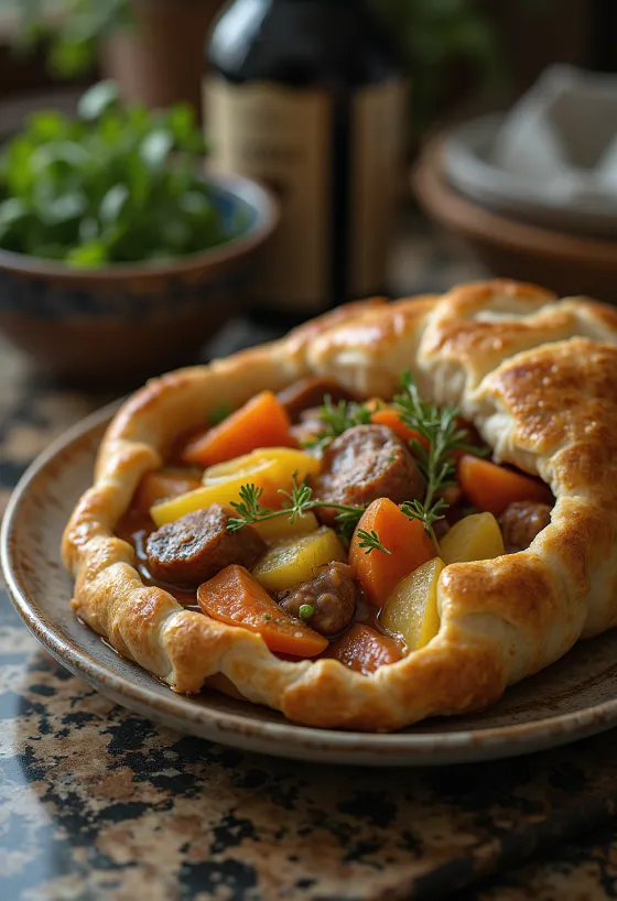 Baeckeoffe serviert mit frischem Brot