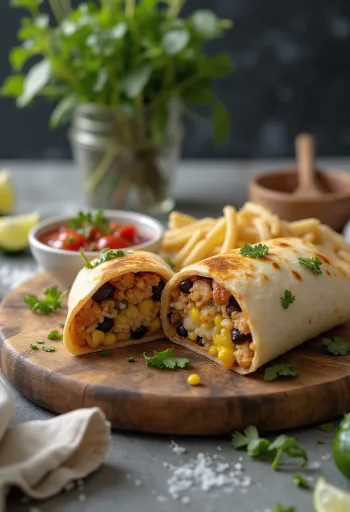 Hähnchen-Burrito gefüllt mit frischem Gemüse, Reis und Käse