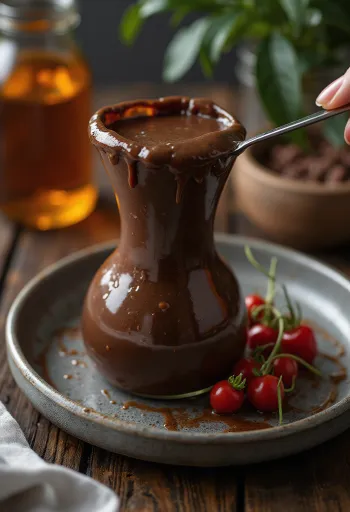 Schokoladen-Chili-Sauce serviert mit frischen Früchten