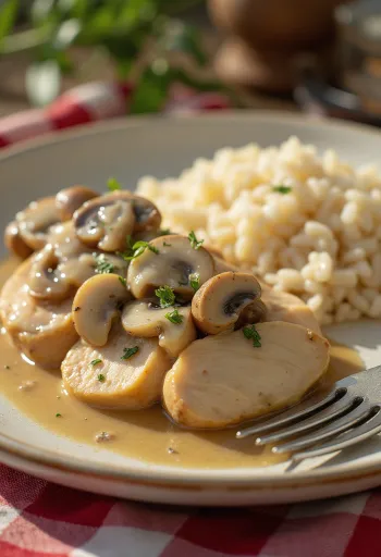 Saftige Hähnchenbrust mit cremiger Pilzrahmsauce, auf weißem Teller serviert.